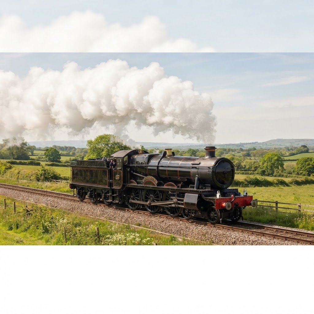 A bright side-profile steam locomotive blowing a large white plume of smoke